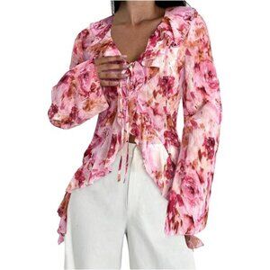 Women’s Floral Print Ruffle Blouse V Neck Tie Front Long Bell Sleeve Top Pink